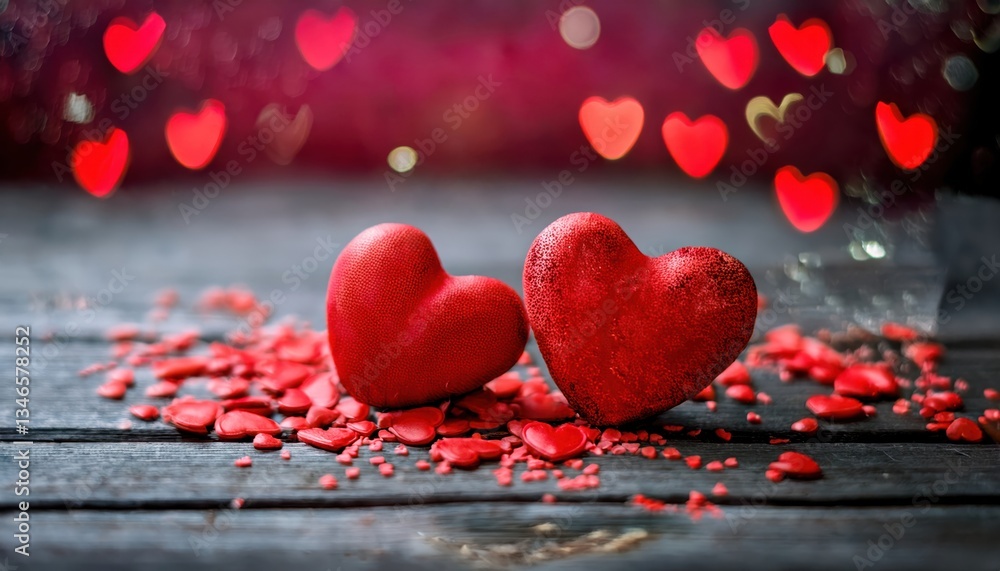 Aufkleber two red heart shaped chocolates on rustic wooden surface with blurred romantic bokeh background