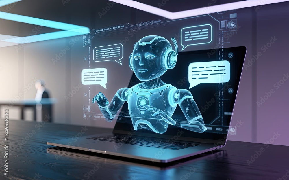 Poster digital dialogue: a futuristic laptop displays a holographic ai chatbot, ready to assist with text b