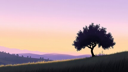 Lone Tree at Sunset in Serene Hilly Landscape.