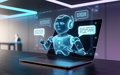 Digital Dialogue: A futuristic laptop displays a holographic AI chatbot, ready to assist with text bubbles floating around the bot. The scene exudes the innovation of technology.