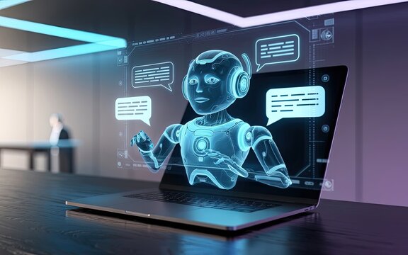Digital Dialogue: A futuristic laptop displays a holographic AI chatbot, ready to assist with text bubbles floating around the bot. The scene exudes the innovation of technology.
