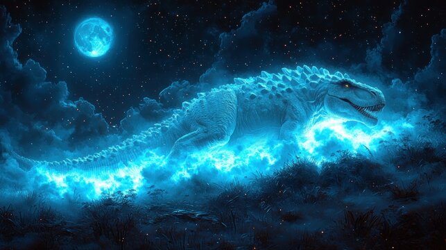 Glowing dinosaur strides across a moonlit, cloudy landscape