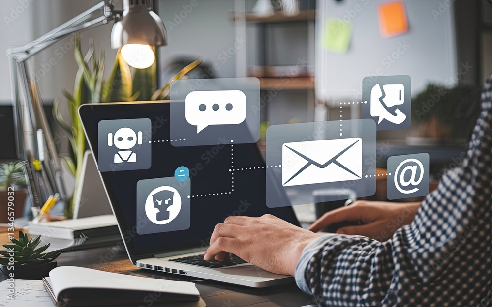 Poster digital connectivity: a person is immersed in digital communication on a laptop, seamlessly interact