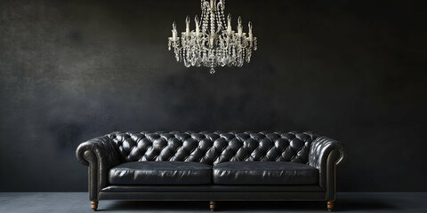 Photorealistic photograph of a vintage leather sofa in front of an empty wall with a crystal chandelier hanging above it, showcasing the elegance and classic style of the room
