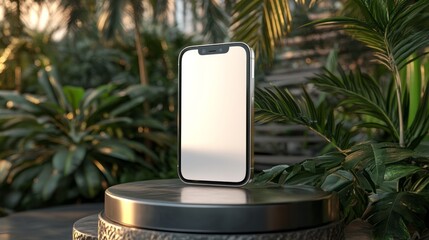 Smartphone stands on a pedestal surrounded by tropical plant life