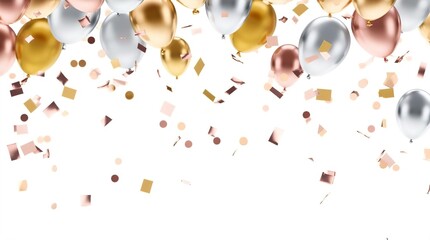 Elegant Floating Gold Silver Rose Gold Balloons Confetti Party Decorations White Background