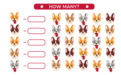 Math kids activity sheet. Count how many cute head, face kawaii dogs. Vector illustration of dog. Activity sheet education counting game for preschool kids, children