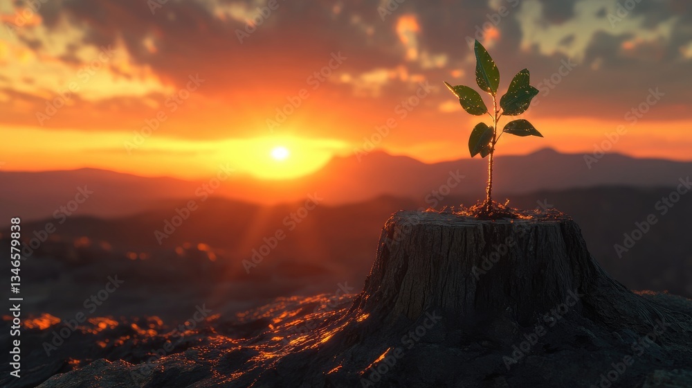 Poster a sapling emerges from a weathered tree stump, symbolizing hope and resilience against the backdrop 