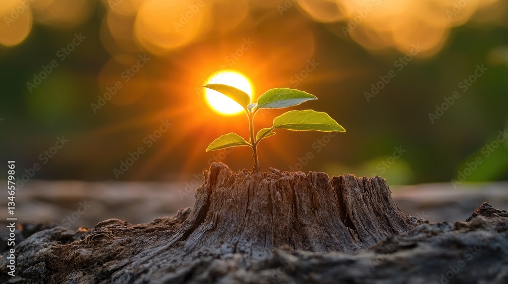 Poster a sapling pushes through a weathered tree stump as the sun sets behind it, evoking themes of hope, r
