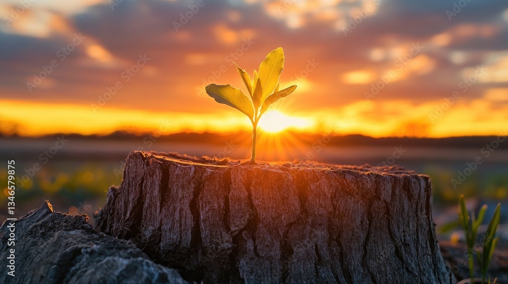 Poster a sapling pushes through a weathered tree stump as the sun sets behind it, evoking themes of hope, r