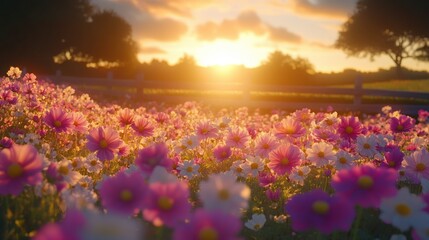 Obraz premium Sunset cosmos field, golden hour beauty