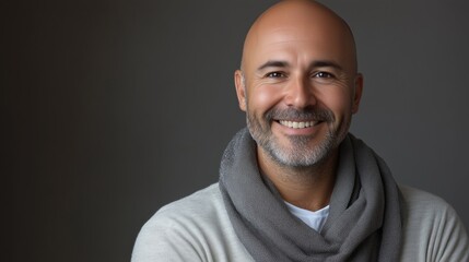 Smiling bald man wearing scarf. Happy mature model portrait. Studio headshot. AI generated