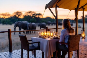 Tourist enjoying romantic dinner watching elephants in african savannah at sunset