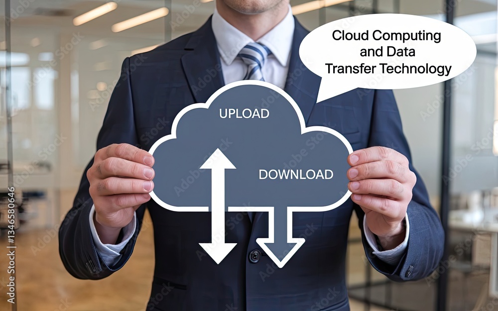 Poster cloud computing and data transfer: a businessman holds a cloud-shaped illustration representing clou