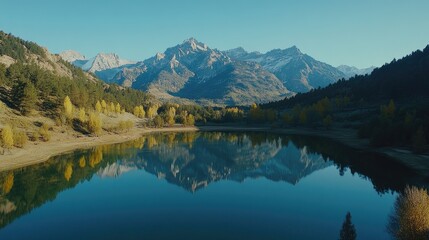 Fototapeta premium A serene aerial view of a crystal-clear mountain lake reflecting the surrounding valley and towering peaks, showcasing the beauty of nature.