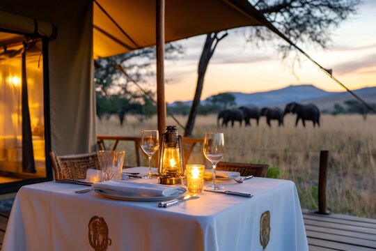 Romantic dinner table setting in luxury safari tent with elephants roaming at sunset