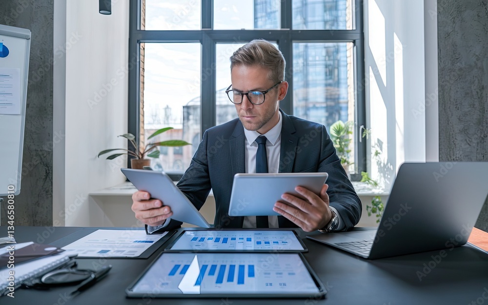 Poster focused analysis: a professional man, engrossed in meticulous data analysis within a modern office s