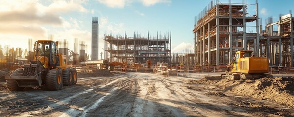 Industrial construction site with heavy machinery, steel frameworks, and massive concrete pillars being set into place.