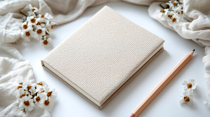 Beige textured notebook with pencil and white flowers, flat lay, soft light