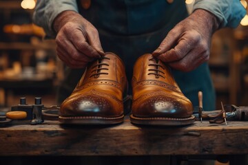 Shoemaker lacing elegant brogue shoes in workshop
