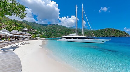 Luxury Yacht Moored at Tropical Beach Resort Stunning Seascape