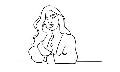 Girl narcissist, admires himself on white background  
Line art drawing. Girl asian model. Vector illustration