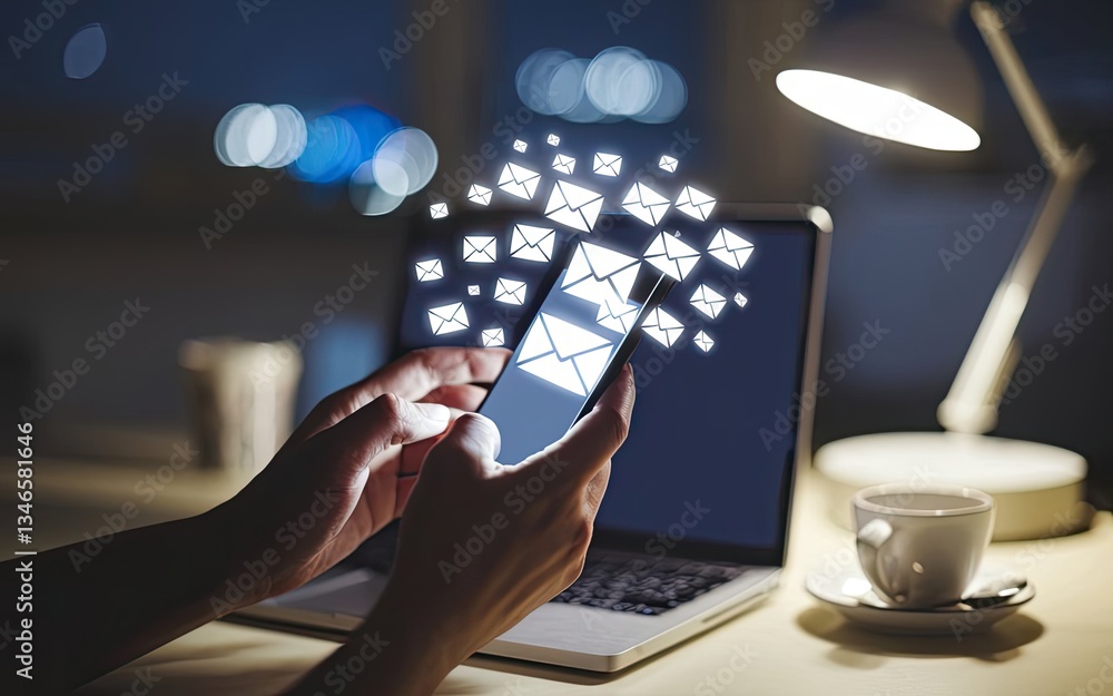 Poster digital communication: hands using smartphone with email symbol above, a laptop on the desk, concept