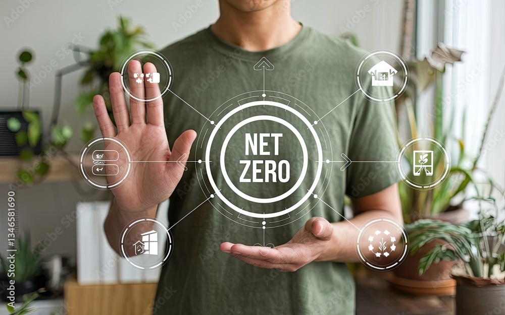 Poster net zero: a person with the net zero concept in his hand, showing net zero goals.