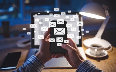 Digital Correspondence: Capturing the modern work dynamic with close-up of hands holding a smartphone in front of a laptop with an overflowing email symbol