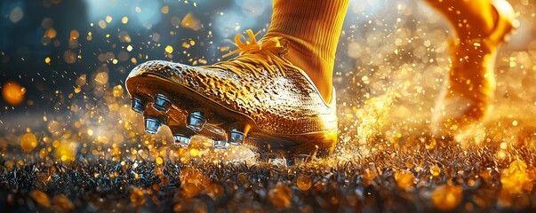 Obraz premium Golden Boot Soccer Banner. A legendary striker with golden soccer boot in focus.
