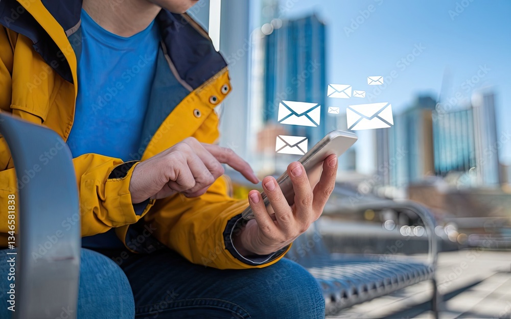 Poster connecting digitally: a person, engrossed in the digital world, interacts with their smartphone whil