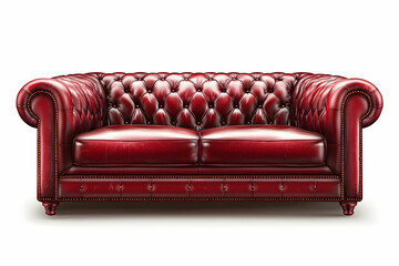 Red leather sofa isolated on a white background with a clipping path, 3D rendering. Red traditional English Chesterfield three-seater couch, front view