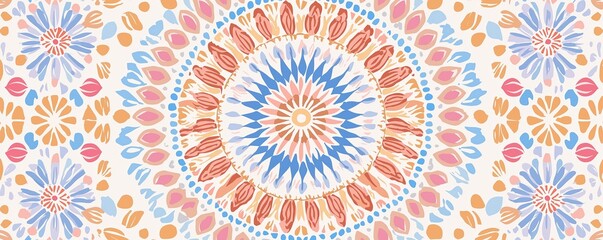 Bohemian Mandala Textile Fabric Pattern. A mesmerizing boho style fabric with detailed mandalas and symmetrical tribal patterns.