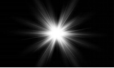 Yellow star flashed with sparkles sun isolated on white background. Soft glow without departing rays, sunlight with lens flare effect. PNG vector light effect.