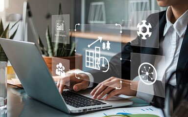 Navigating Digital Horizons: A focused professional in a modern office environment skillfully operates a laptop.