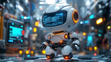 Cute cartoon robot in futuristic tech environment