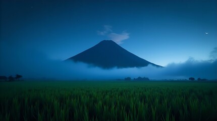 Fototapeta premium Serene Blue Hour Mountain Peak Foggy Clouds Rice Field Night Landscape