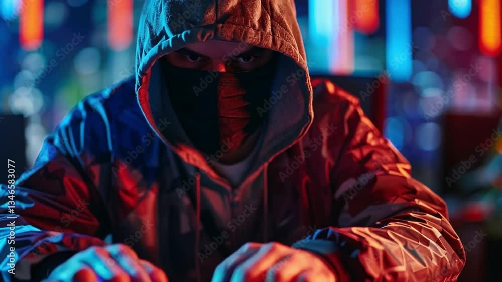 Poster cyber hacker at work with advanced technology in low-light urban environment displaying professional