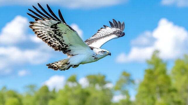 Majestic White Bellied Sea Eagle in Flight Soaring Over Lush Green Landscape Under a Blue Sky