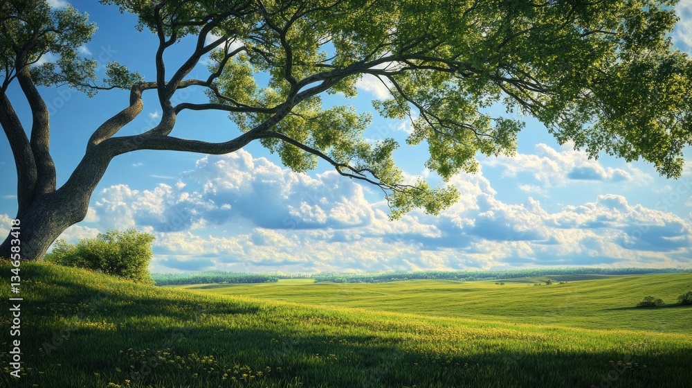 Poster a serene summer scene with a graceful tree branch reaching across a vivid blue sky, casting a soft s