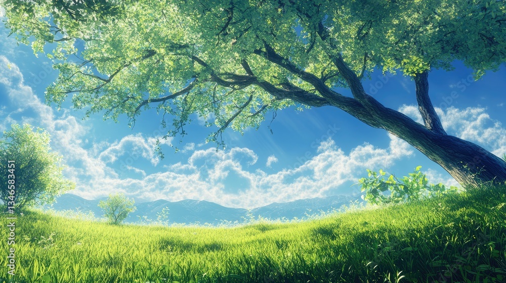Poster a serene summer scene with a graceful tree branch reaching across a vivid blue sky, casting a soft s