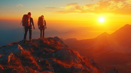 Obraz premium Hikers sunset mountain peak adventure landscape
