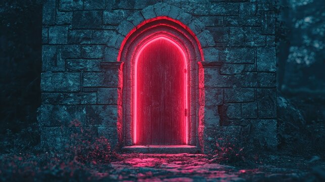 Glowing red neon archway door in ancient stone wall - Powered by Adobe
