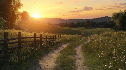 A serene sunset over a grassy field, with a dirt road winding through and a wooden fence bordering the landscape, evoking calmness.