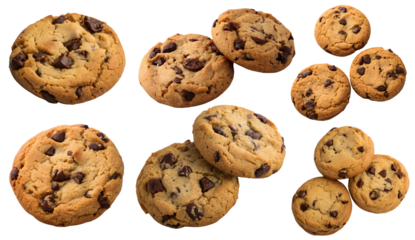 Set of cookies with chocolate chunks isolated on a transparent background. The concept of delicious and sweet baked goods.