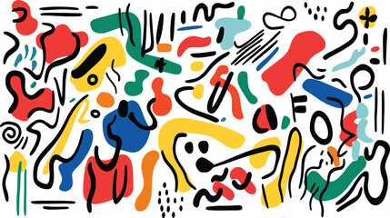 Obraz premium Abstract vector illustration of various colorful shapes and lines, arranged in an organic pattern against a white background. The design is playful with bright colors like reds, yellows