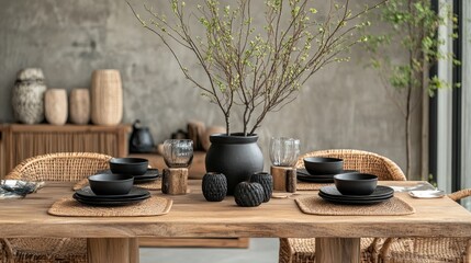 Japandi Easter dining room--wooden table, rattan chairs, and natural textures blending with black ceramics for a refined festive look.