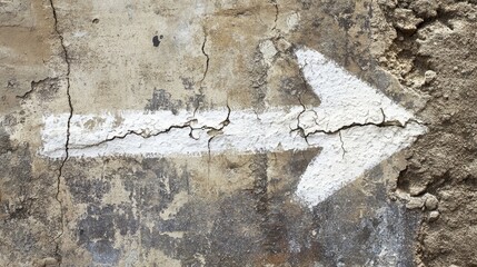 A simple white arrow painted on a cracked wall, symbolizing the way forward on a journey, leading towards a meaningful destination.