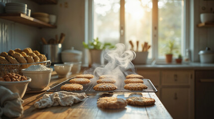 Galletas recién horneadas con vapor en una cocina rústica iluminada por el sol