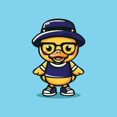 A hand-drawn vector illustration of a cute duck wearing glasses, a blue bucket hat, and a casual outfit. Ideal for children&rsquo;s designs, stickers, and branding. Not AI-generated.